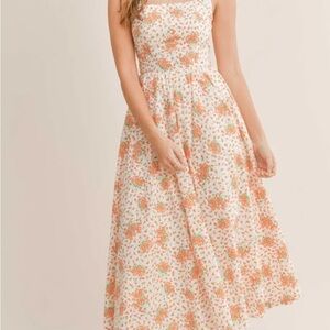 MARBLE Boho Vintage Orange White Floral Sleeveless Midi Dress - Size Small